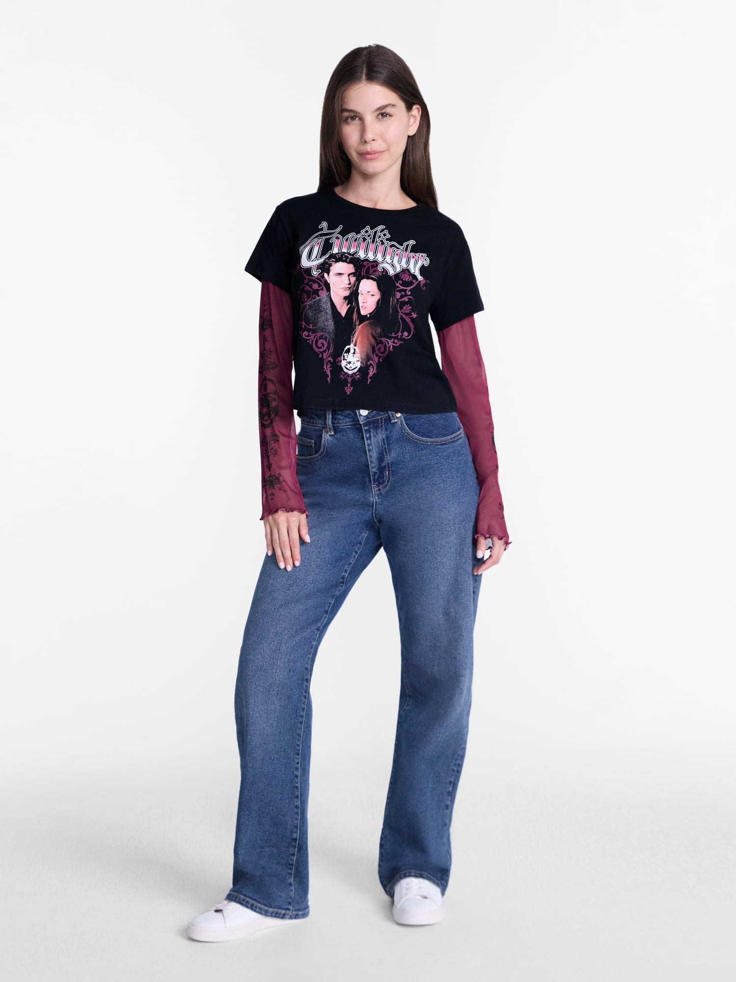 Twilight Women's Layered Mesh Tee with Long Sleeves, Sizes XXS-XXSL