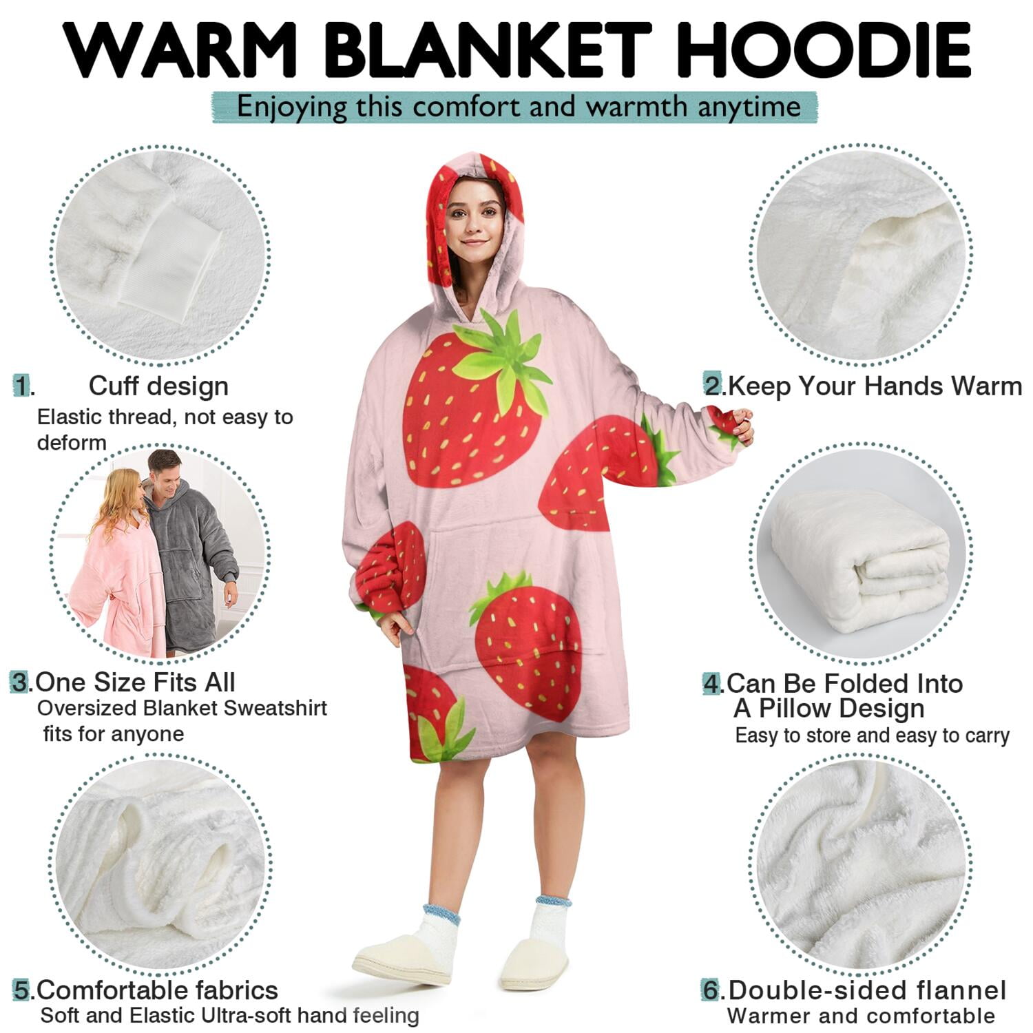 Red Strawberry Plants Fruit Pink Pattern Wearable Oversized Blanket,Wearable Blanket Hoodie for Adults,Cozy Hooded Blankets with Super Pockets,Super Warm Fuzzy Pullover for Women & Men