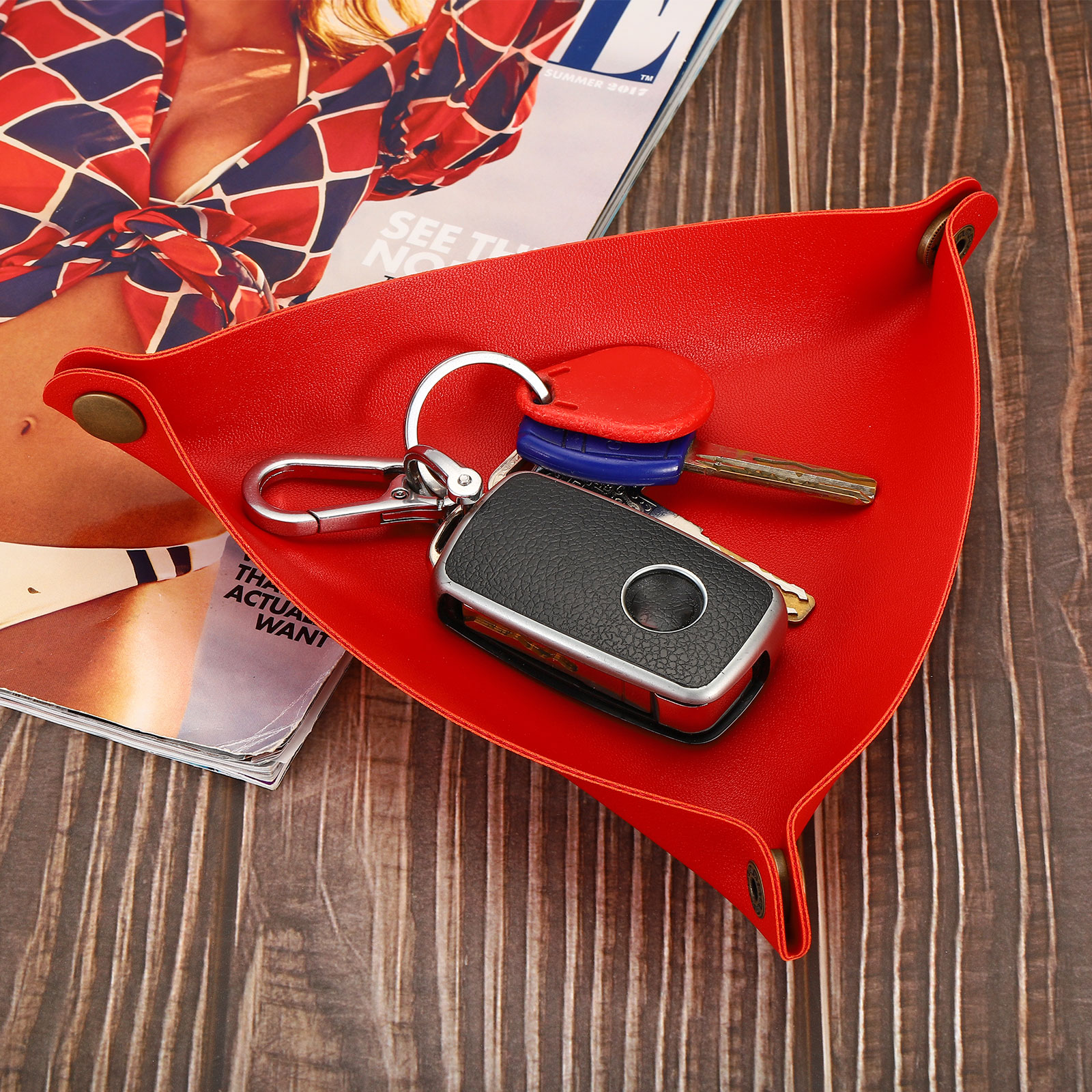 Unique Bargains 3pcs Catchall Foldable Leather Valet Tray White Blue Red