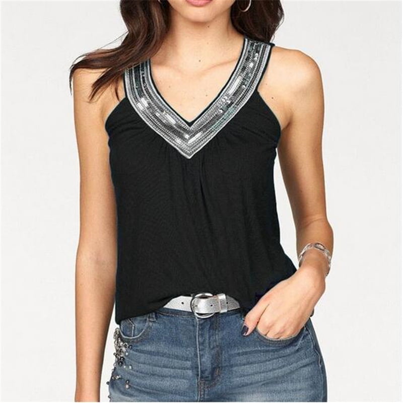 Womens V-Neck Shirt Solid Color Sleeveless Waffle Knit Casual Loose Temperament Wild T-Shirt top