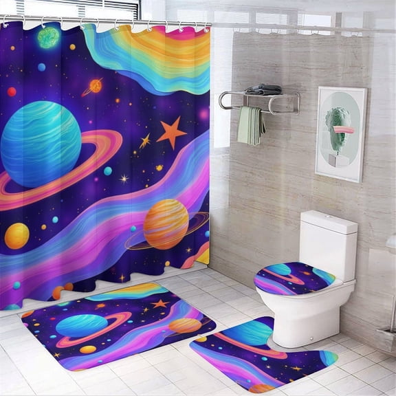 Colorful Space Galaxy Print Shower Curtain Waterproof Bathroom Curtain Set with Hooks Home Decor Bathroom Curtains 4pcs