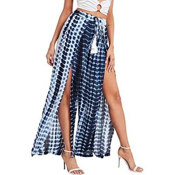 YIFUNIN Women's Printed Wide Leg Straight Pants with Lace-Up Detail & Side Slit, Casual Flowy Trousers for Bohemian Style, Lightweight Fabric,Blue L
