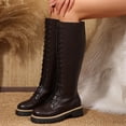 thumbnail image 5 of Women Leather Knee High Combat Boots, Round Toe Front Lace Up Side Zipper Lug Sole Tall Boots, Chunky Boots, 5 of 7