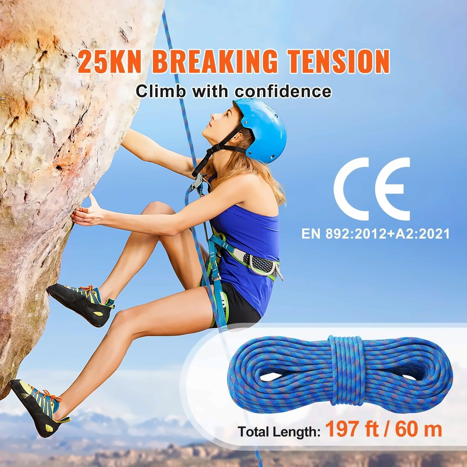 10.2mm Climbing Rope 60M - Dynamic Rope for Rock Climbing, Rappelling, Rescue - 25KN Strength with Steel Hooks - Blue