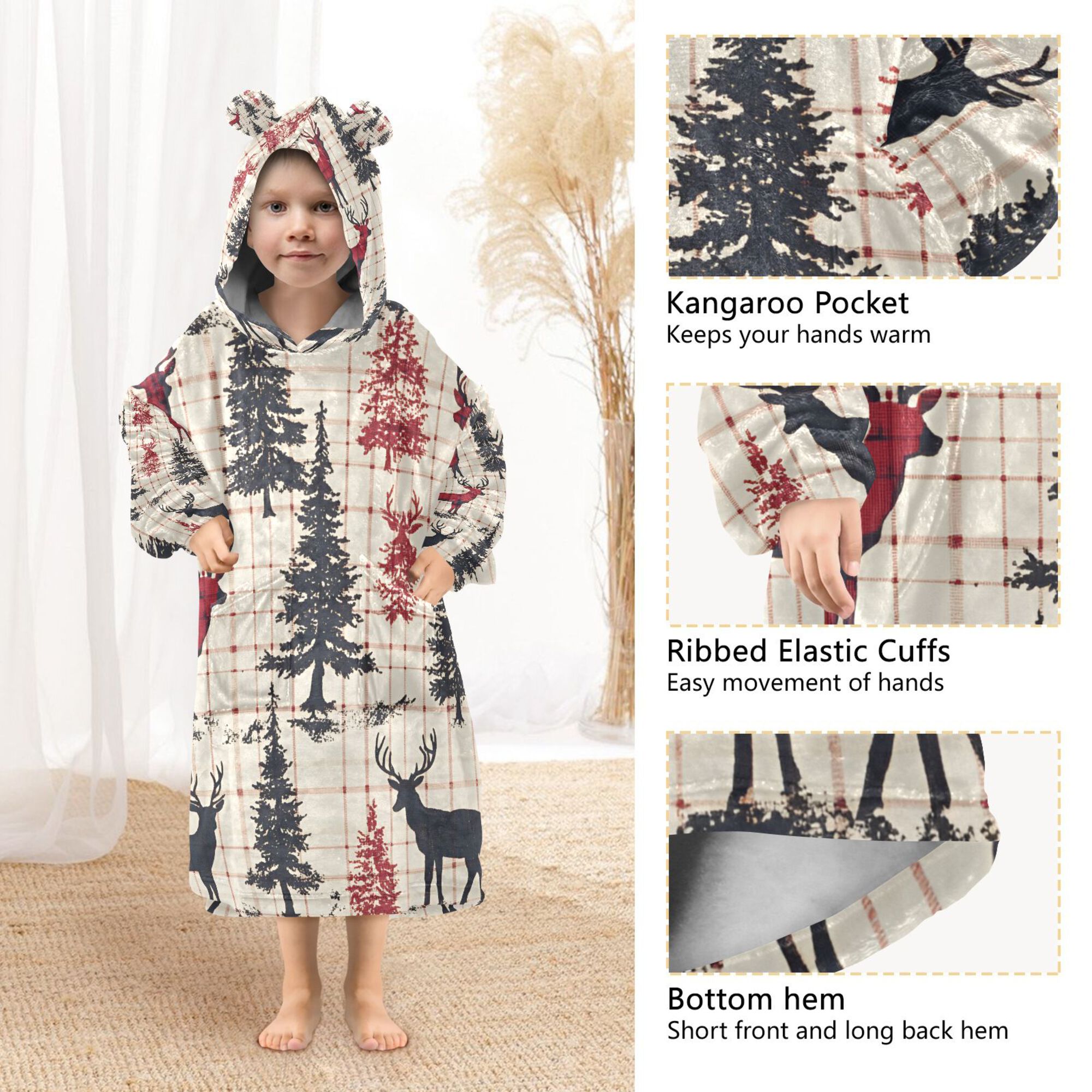 FORMRS Wearable Blanket Hoodie with Sleeves for Kids Cozy Flannel Sweatshirt, Red Deer