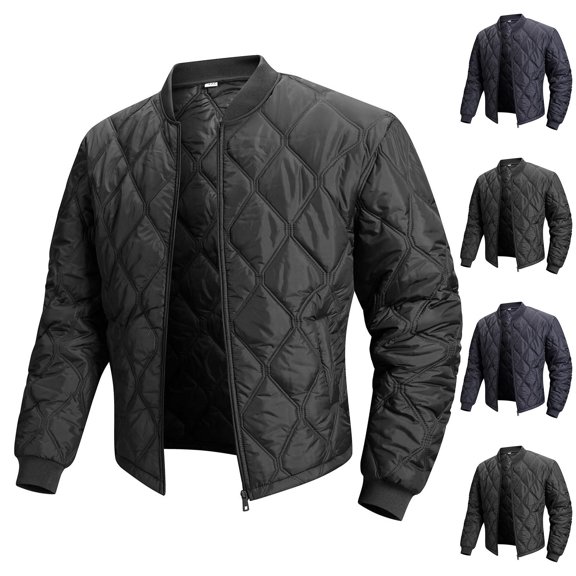 Mifsaly Quilted Bomber Jacket Men Full Zip Lightweight Puffer Coat Diamond Stitch Long Sleeve Casual Warm Outerwear for Fall Winter Travel Work Everyday Black,XS