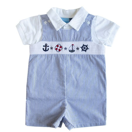 Good Lad Newborn/Infant Boys Blue Seersucker Smocked Shortall Set with Nautical Themed Embroideries