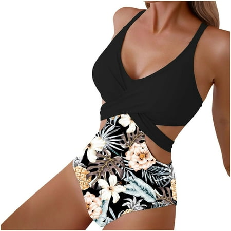 LEBONYARD Womens Swimsuits Tankini Women s Printed Hollow Lace Up Sexy Bikini Swimsuit Black XL