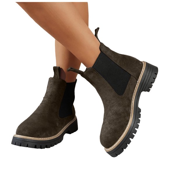 Rokment Women's Platform Chelsea Boots Classic Fashion Suede Chunky Heel Slip on Mid Calf Combat Ankle Booties Winter Fall