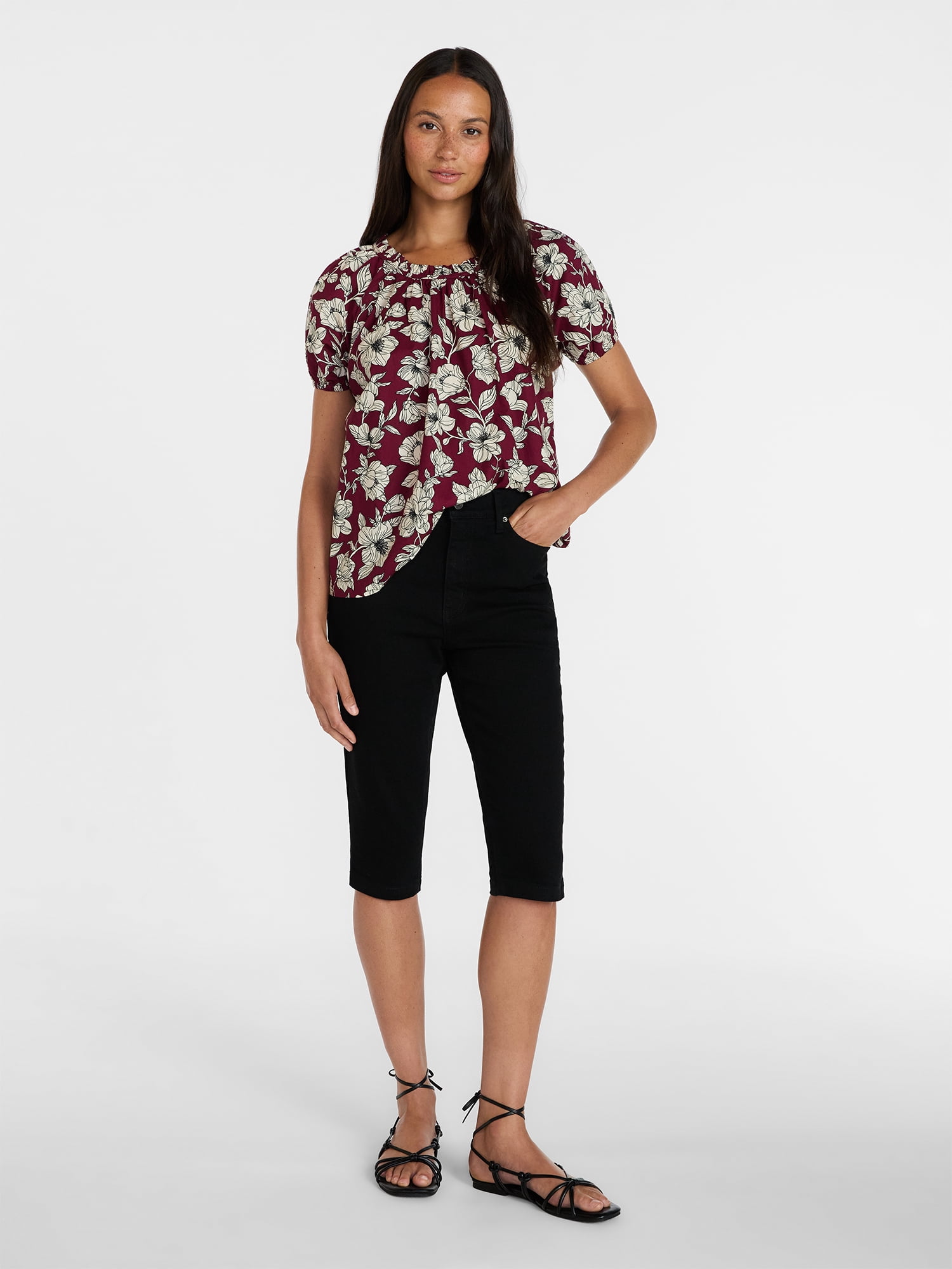 Time and Tru Women's Ruffle Neck Cotton Top with Short Puff Sleeves, Sizes XS-XXXL