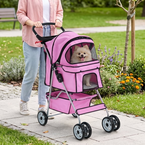 XF XINFENG Pet Stroller, 4 Wheel Portable Foldable Cat Dog Stroller Travel Carrier for Small Medium Dogs & Cats, 33 lbs Capacity Jogger Stroller with Cup Holder & Storage Basket, Pink