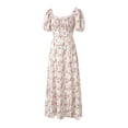 thumbnail image 3 of Cenuakty Women Elegant Side Slit Dress, Floral Print Square Collar Short Puff Sleeves Skirt, Pale Yellow/ White, 3 of 9