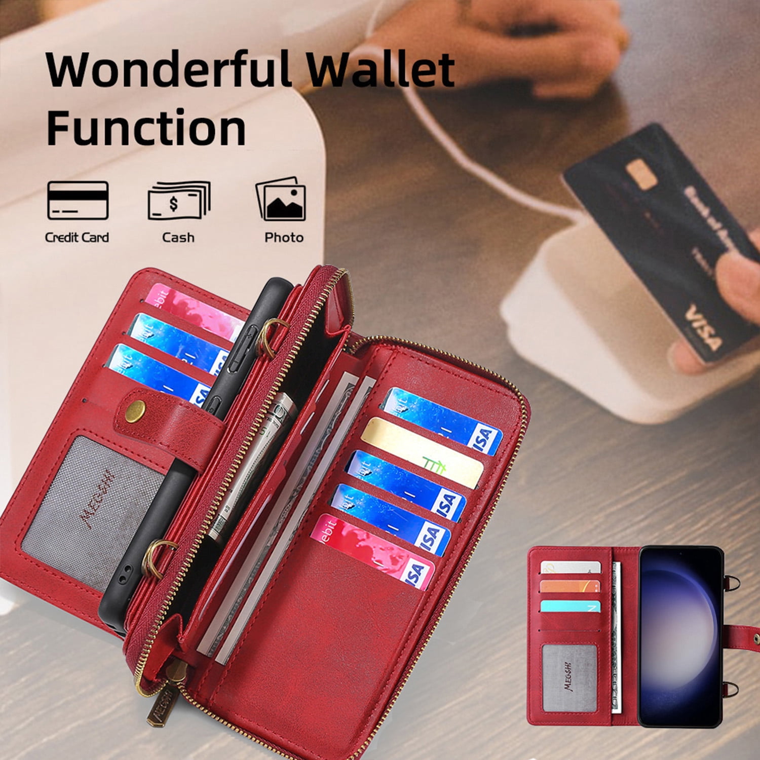 ShieldFlex Wallet Case Compatible with Samsung Galaxy S25 Ultra 5G, 13-Card Holder Soft PU Leather Crossbody Wallet Zipper Pocket Magnetic Detachable Phone Cover Fit for Galaxy S25 Ultra,Red (3 IN 1)