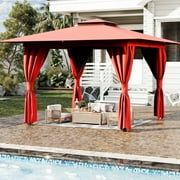 Erommy 8 ' x 8 ' Outdoor Gazebo,Double Roof Canopy Gazebo with Mosquito Nettings and Privacy Curtains for Backyard,,Wine Red