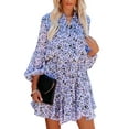 thumbnail image 1 of Asyoly Womens Dresses Boho Floral Print Ruffles Lantern Sleeve Button Down Swing Mini Dress Tie Waist Shirt Dresses, 1 of 7