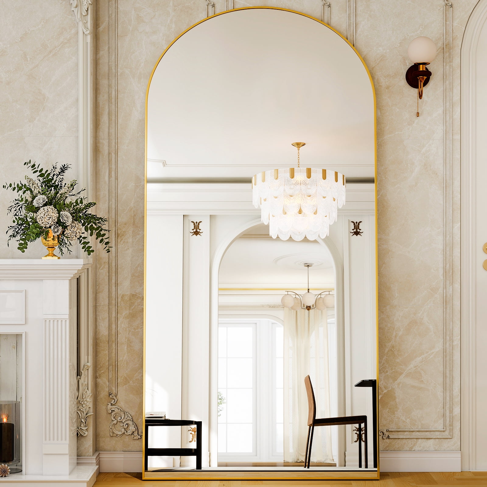 GRAHMCY 77"x38" Arched Full Length Floor Mirror Free-standing Mirror with Aluminum Alloy Frame, Gold