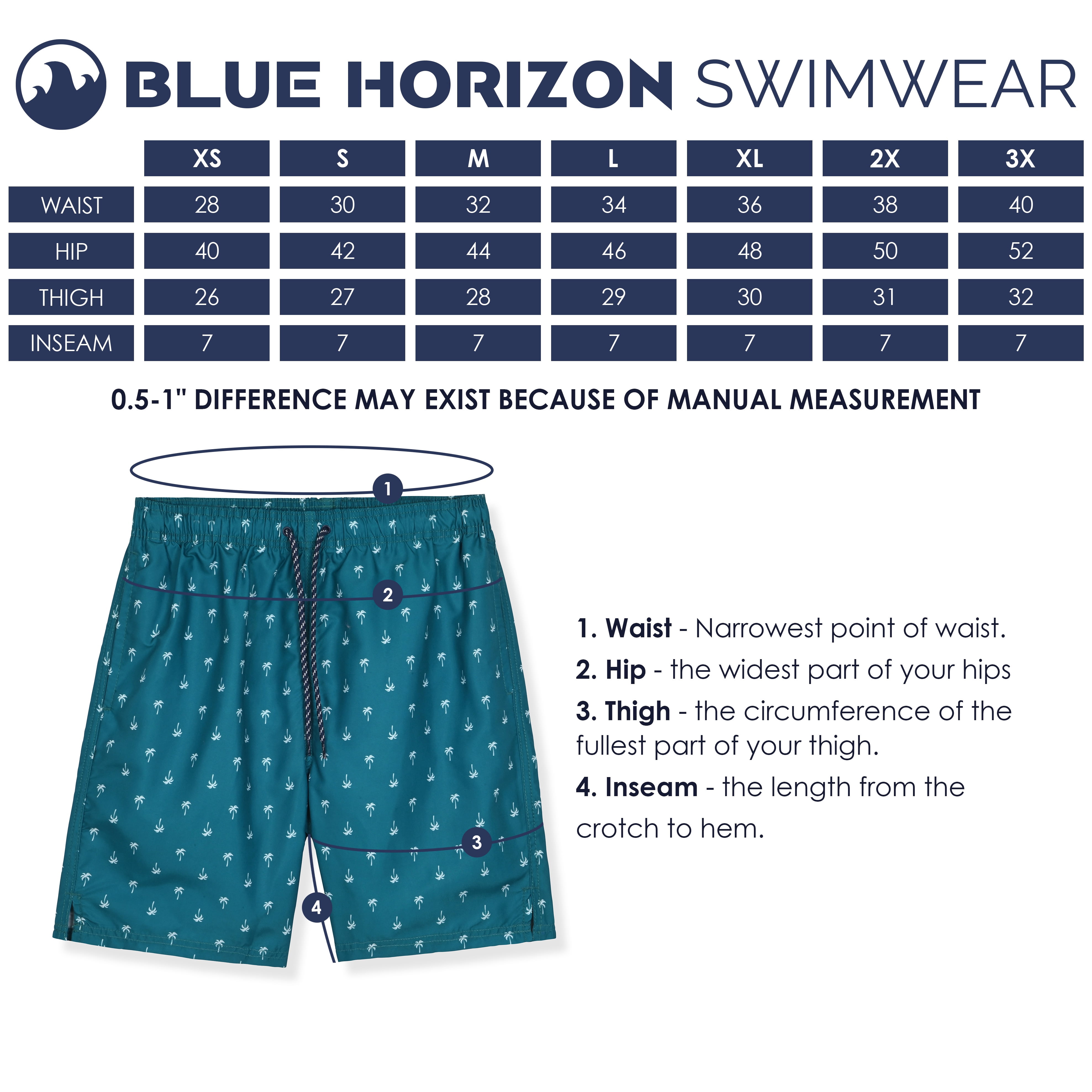 Blue Horizon Swimwear Mens Slim Fit Swim Shorts 7 inch Swim Trunks- Quick Dry Mens Bathing Suits with Mesh Lining