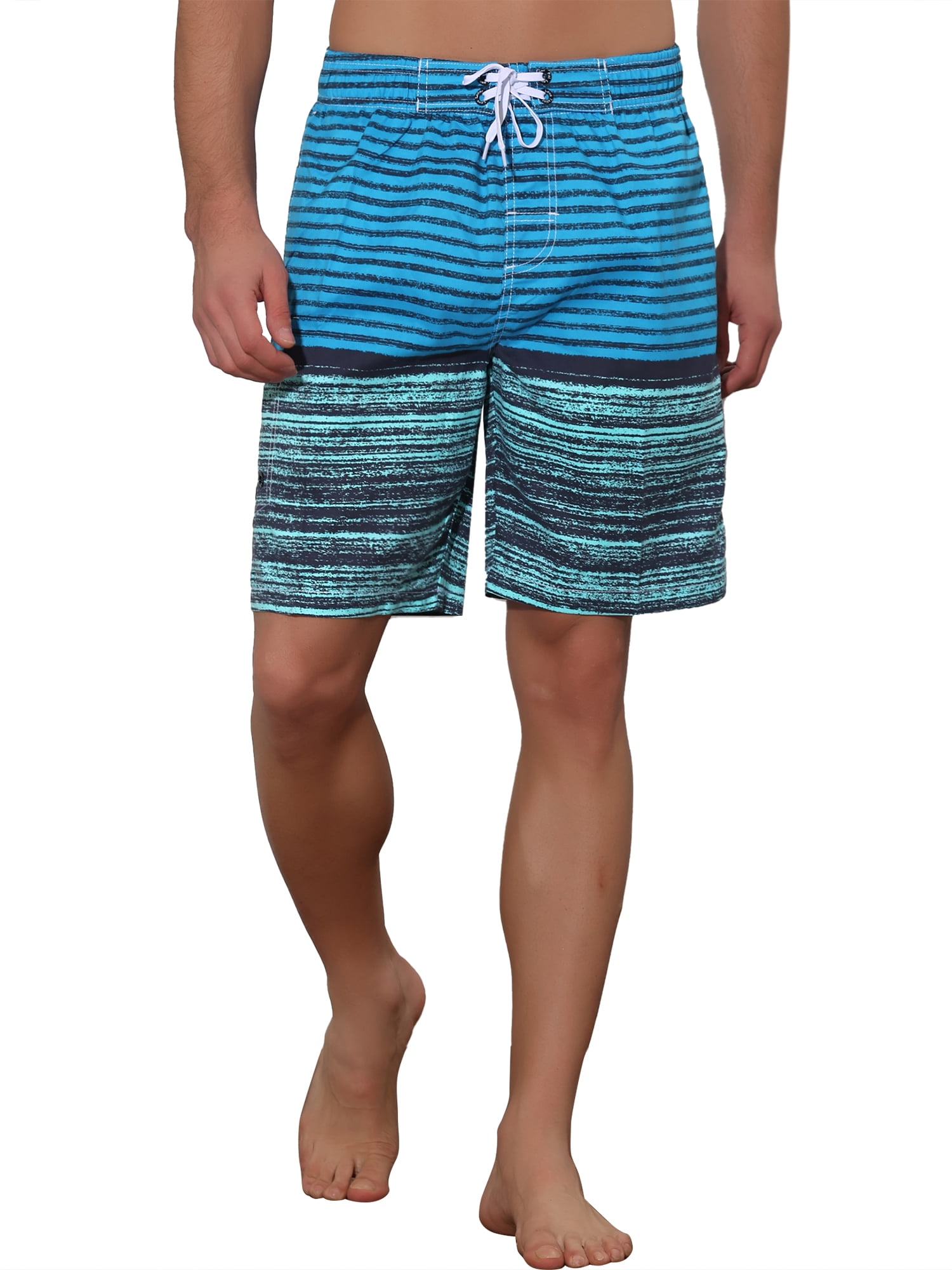 Unique Bargains Men's Color Block Stripes Pattern Drawstring Waist Swimwear Shorts 30 Light Blue