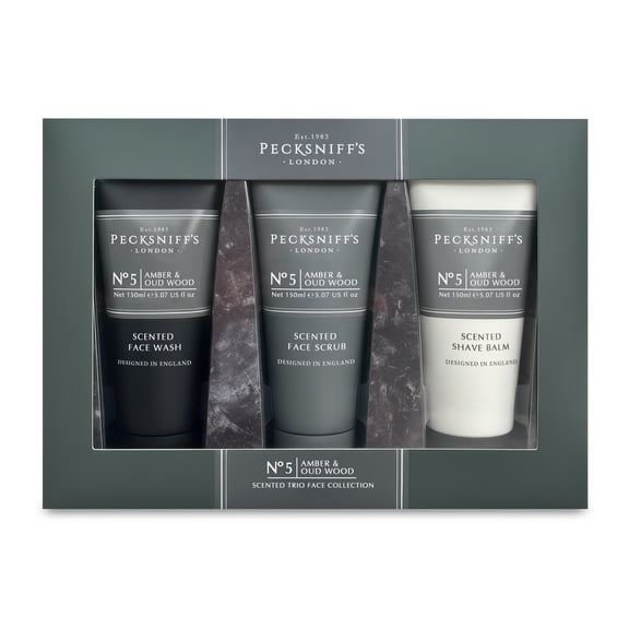 Pecksniff’s Men’s Trio Collection Amber & Oud Wood – Face Wash, Face Scrub & Shave Balm Gift Set, 3 x 75ml