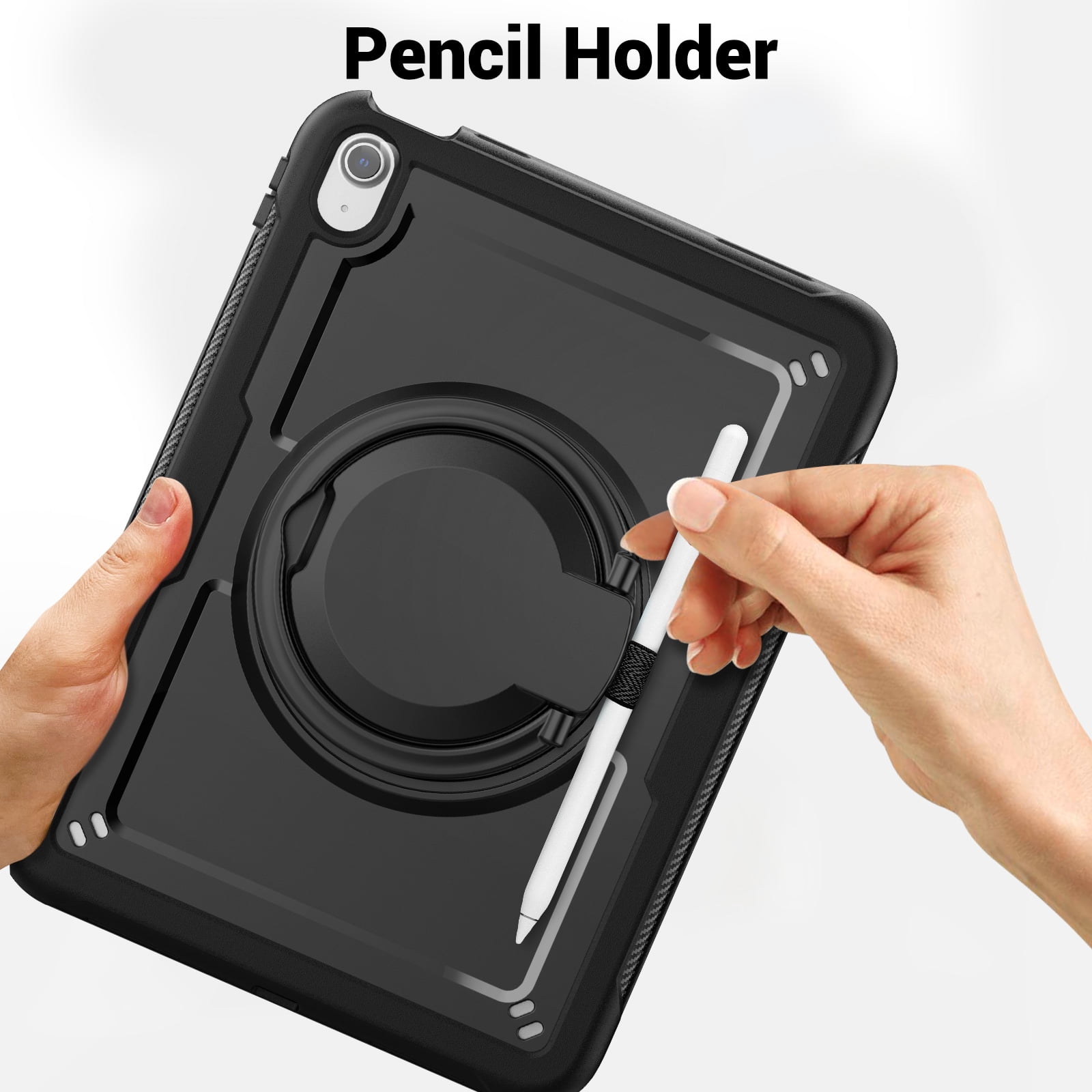 Shockproof Case for Apple iPad 11th 10th Generation 2025 2022, Rugged Hybrid Protective Cover with Pencil Holder & Shoulder Strap Kids Friendly Rotating Stand Case for iPad 11th 10th Gen, Black