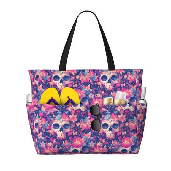 Large Beach Bags Water-resistant Sandproof - cool Skull flower colorful Cute Beach Tote Bags for Women with Zipper