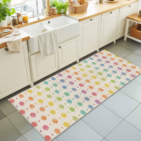 Hallway Runner Rug 2'x6', Colorful Polka Dot Kitchen Runner Rugs Non-Slip Carpet Mats, Cartoon Watercolor Geometric Beige Bedside Rugs Runners Washable Floor Carpet for Bathroom Laundry Room