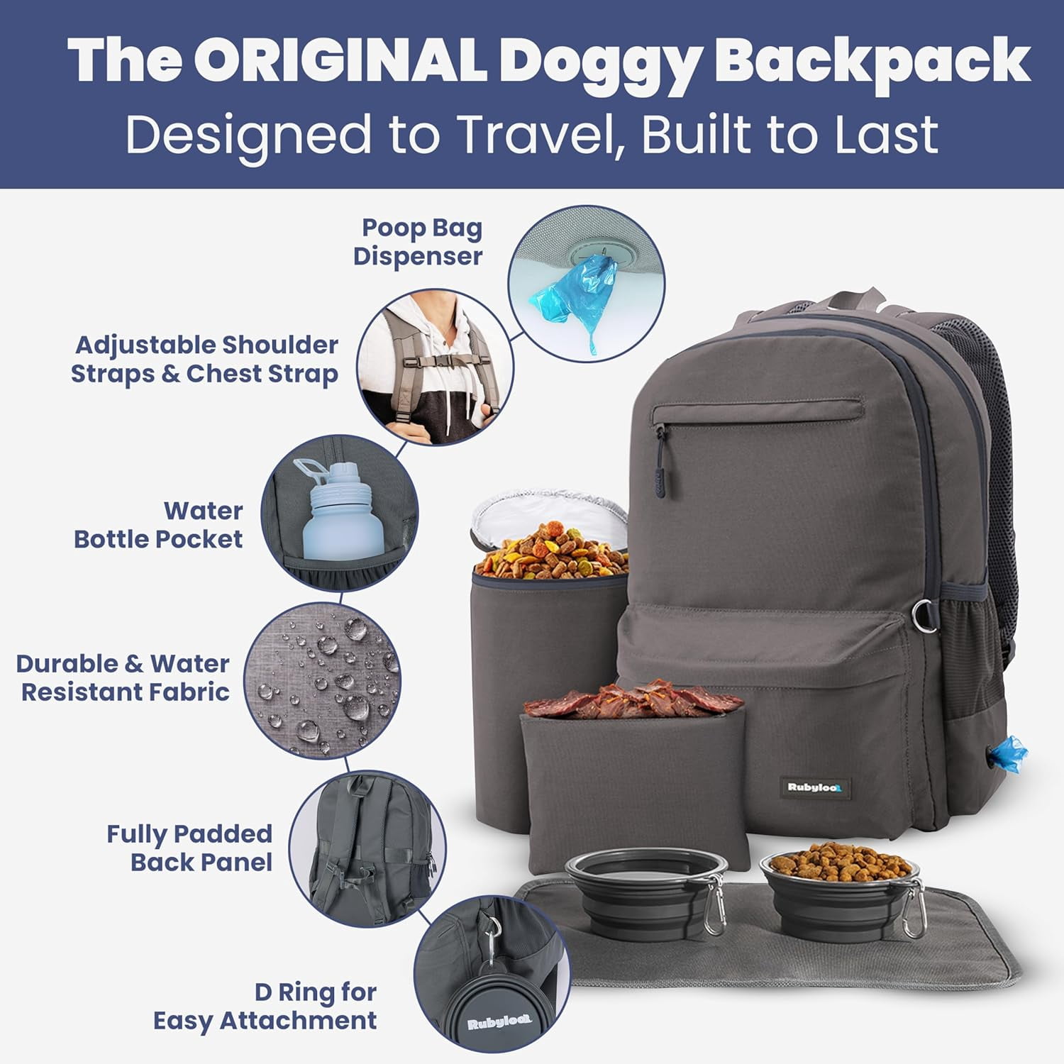 Dog Travel Bag for Supplies - Backpack with 2 Collapsible Dog Bowls, Food Bag, Treat Pouch: Dk Grey