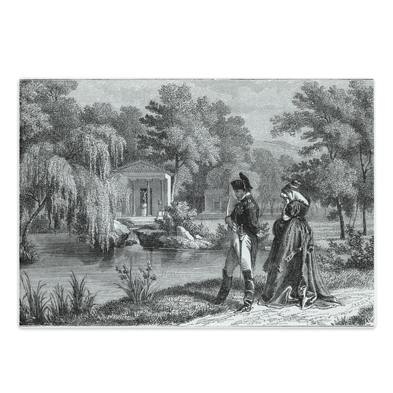 Vintage Cutting Board, Historical French Revolution Sketch with Napoleon and Woman in Garden Art, Decorative Tempered Glass Cutting and Serving Board, Large Size, Dark Grey Black, by Ambesonne