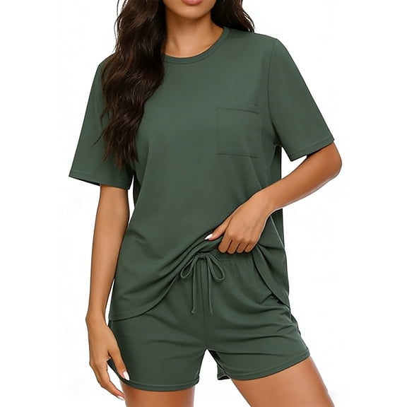 RongHuan Two Piece Short Sets for Women Casual Summer Outfits Short Sleeve Crew Neck Loungewear Matching Set