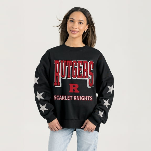 Women's Gameday Couture  Black Rutgers Scarlet Knights Pure Victory Relaxed Rhinestone Pullover Sweatshirt