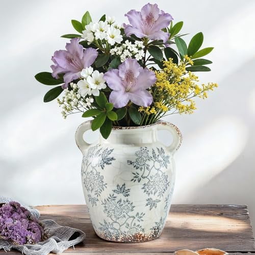 Vintage vase with Handle,Blue and White Ceramic Decorative Flower vase, Chinoiserie Floral Vase,Large Rustic Vases for Home Decors, Living Room, Bookshelf, Office,7.8 in