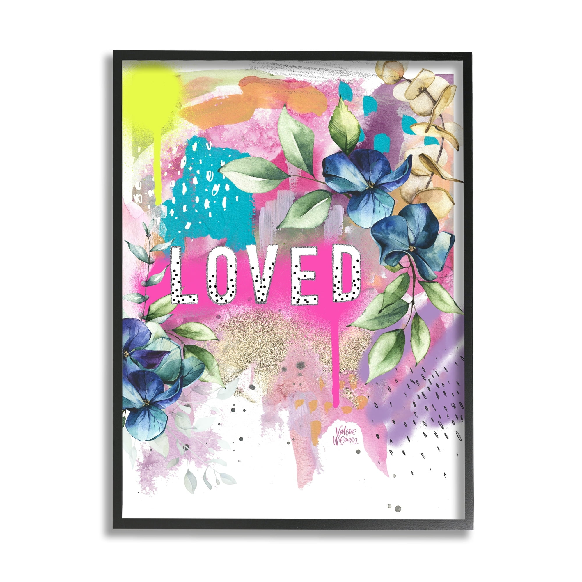 Stupell Industries Loved Text Trendy Abstract Flower Blossoms Design Framed Wall Art, 11 x 14, Design by Valerie Wieners