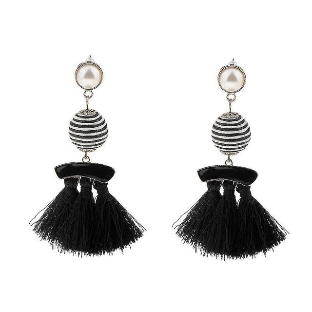 Behomia Enamel Fringed Tassel Ball Beads Pearl Dangle Stud Earrings Red----Black--Product code 74895 Black