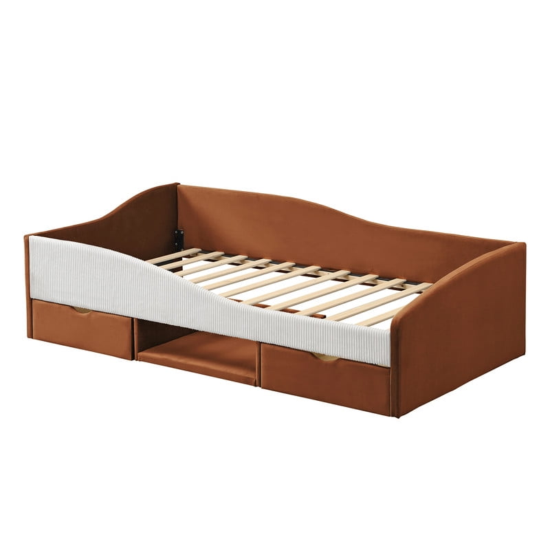 Twin Size Upholstered Daybed Frame, Low-Profile Storage Platform Bed with 2 Drawers and Open Compartment, Two-Tone Accent Kids Bed