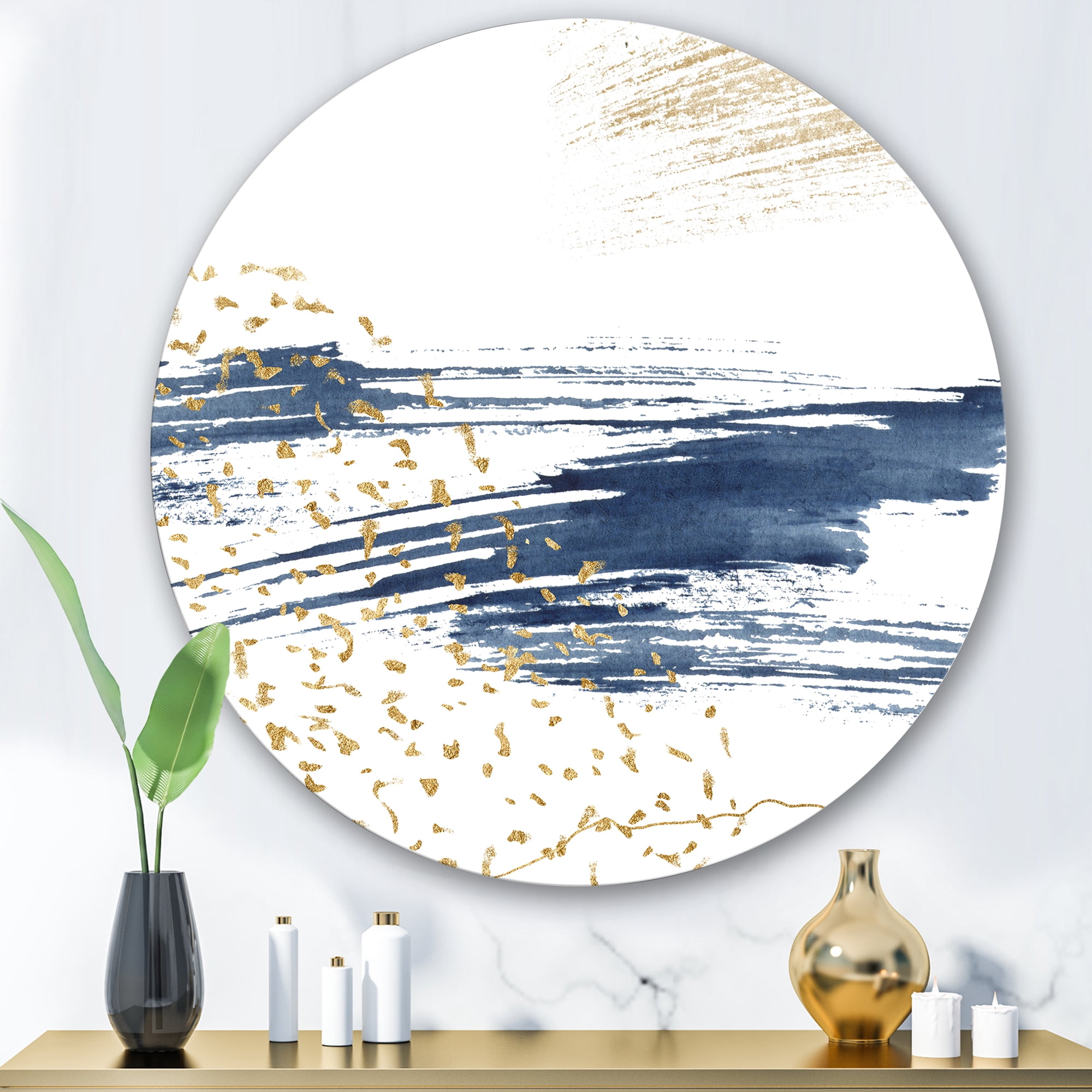 Designart 'Gold and Dark Blue and Abstract I' Modern Circle Metal Wall Art 29x29 - Disc of 29