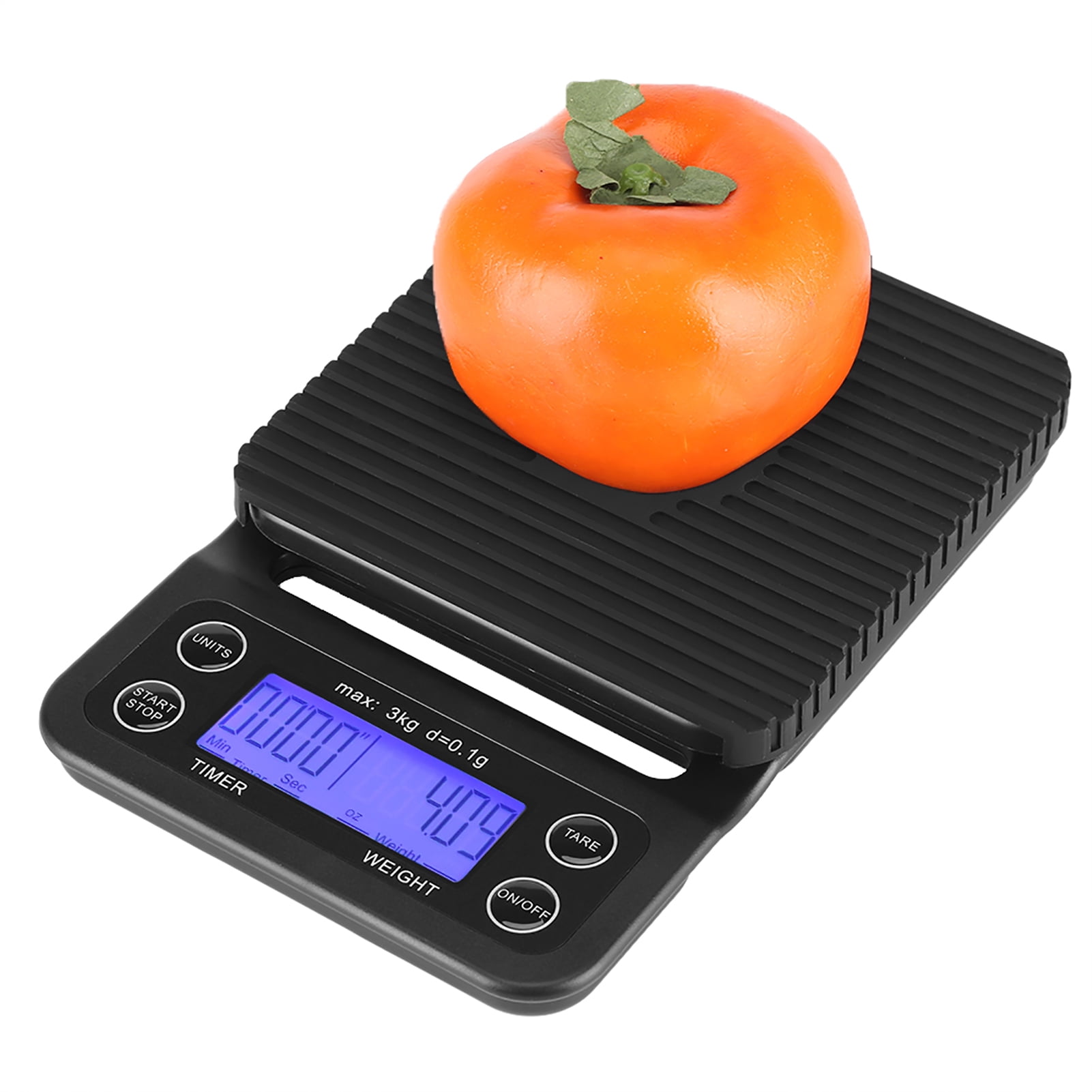 LAZIOEGR 3KG/0.1g Digital Kitchen Food Scale, Drip Coffee Weighing with Built-In Timer, Bluish Violet Backlight LCD Screen, Black Body, Unit Conversion g/ml/oz/lb, 9.06 inches / 23 cm Length