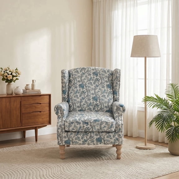 iooHug Floral Wingback Accent Armchair, Upholstered Chair with Vintage Solid Wood Legs for Living Room Bedroom Office