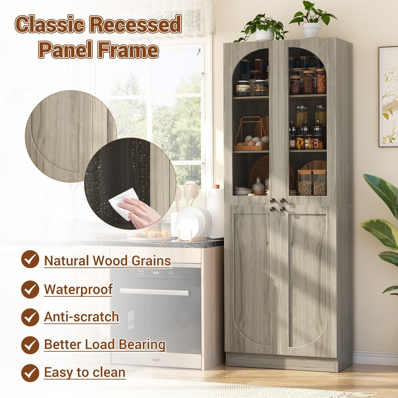 Homieasy 80'' Tall Pantry Storage Cabinet with Glass Doors, 6-Tier Floor Standing Cupboard with Adjustable Shelves for Kitchen, Dining Room, Wash Gray