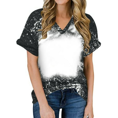 

Hfyihgf Womens Summer V Neck Tshirt Tops Casual Trendy Loose Fit Tunic Tees Ladies Sexy Rolled Short Sleeve Tie Dye Blouses Shirt(01#Black XXL)