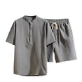 thumbnail image 1 of Two Piece Pants Sets Mens Two Piece Solid Cotton Linen Short Sleeve V Neck Tops and Shorts Set, 1 of 8