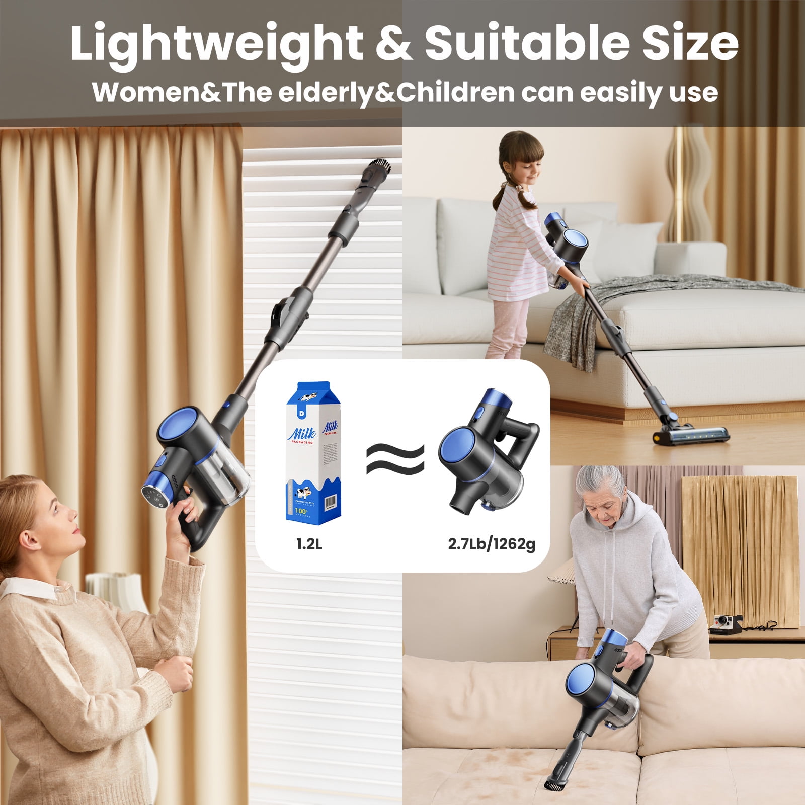 KISSAIR Cordless Vacuum Cleaners for Home 50min 2200mah Lightweight 5.5lb Led Display Screen Stick Vacuum Cleaners Hardwood Floor Carpet Pet Hair, Blue