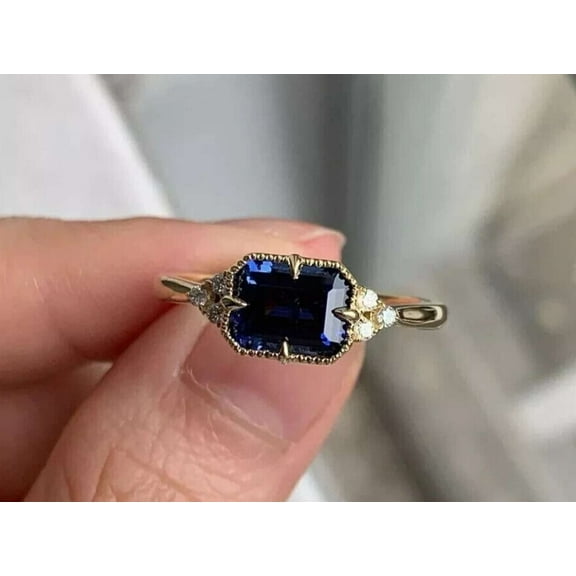2CT Blue Sapphire 925 Silver Engagement Ring 14k Yellow Gold Plated