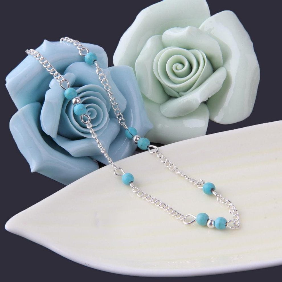 Bangle Special Anklet Beaded Women Bracelet Blue Fake Turquoise Silver Plated