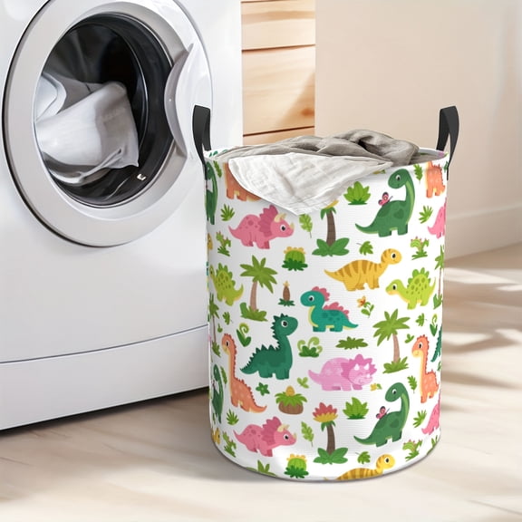 Large-capacity Green Small Dinosaur Printed Laundry Basket, Thick Oxford Cloth Storage Basket for Toy Dirty Clothes Storage Box, Foldable, Suitable for University Dormitories, Bedrooms, Bathrooms