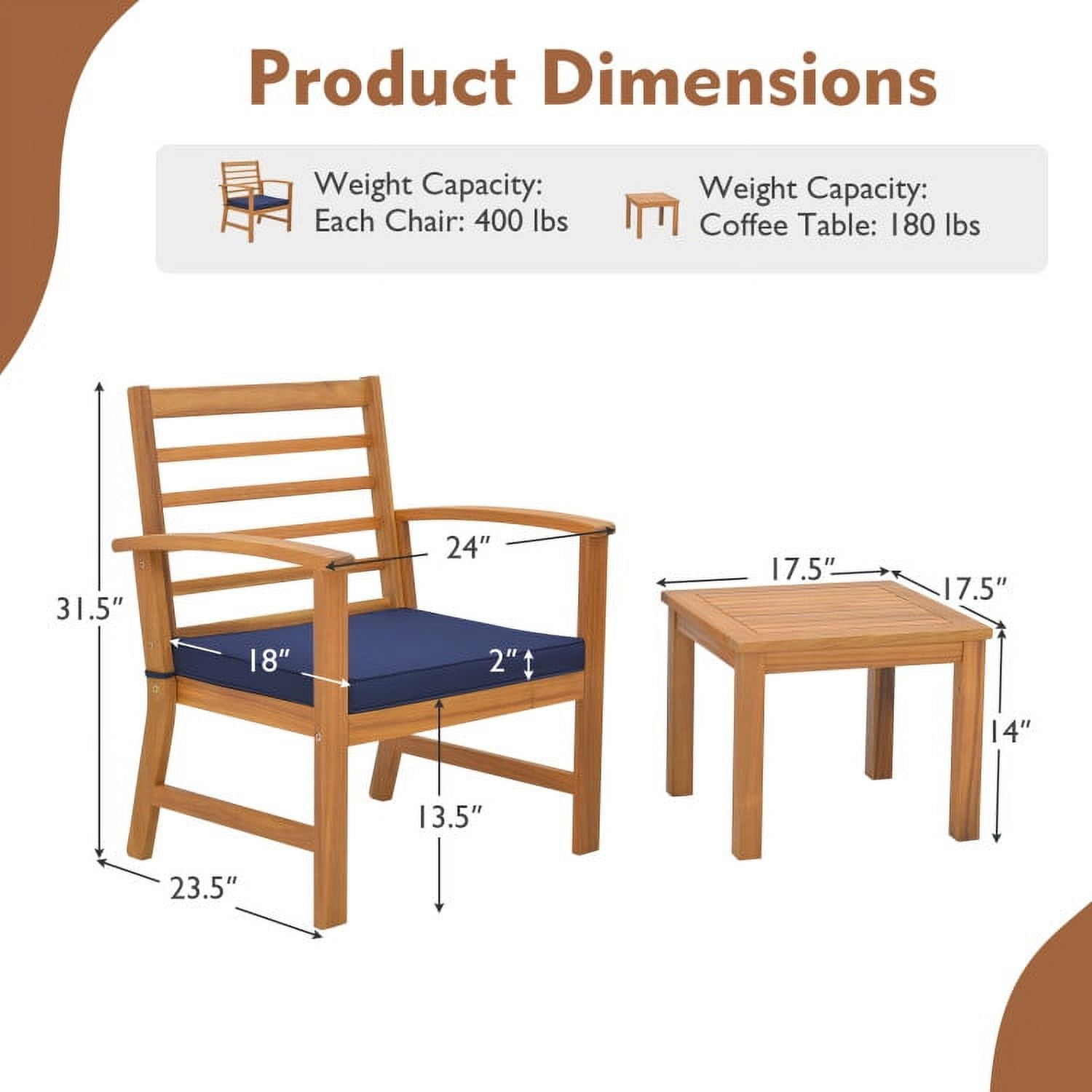 Aimee Lii 3 Pieces Outdoor Furniture Set with Stable Acacia Wood Frame, Patio Furniture Sets, Navy