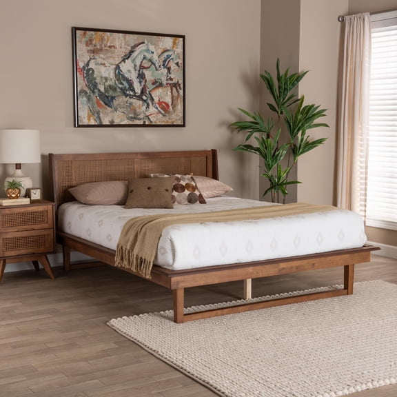Baxton Studio Aveena Mid-Century Modern Walnut Brown Finished Wood Queen Size Platform Bed