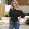 thumbnail image 4 of Rggeeun Womens Shirts Cropped One Shoulder Solid Color Short Sleeve Elastic Waist Draping for Summer Outdoor Running Leisure Tshirts,Black,M, 4 of 7
