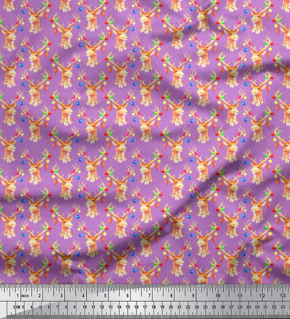 Soimoi Poly Georgette Fabric Christmas Baubles & Reindeer Face Animal Fabric Prints By Yard 42 Inch Wide