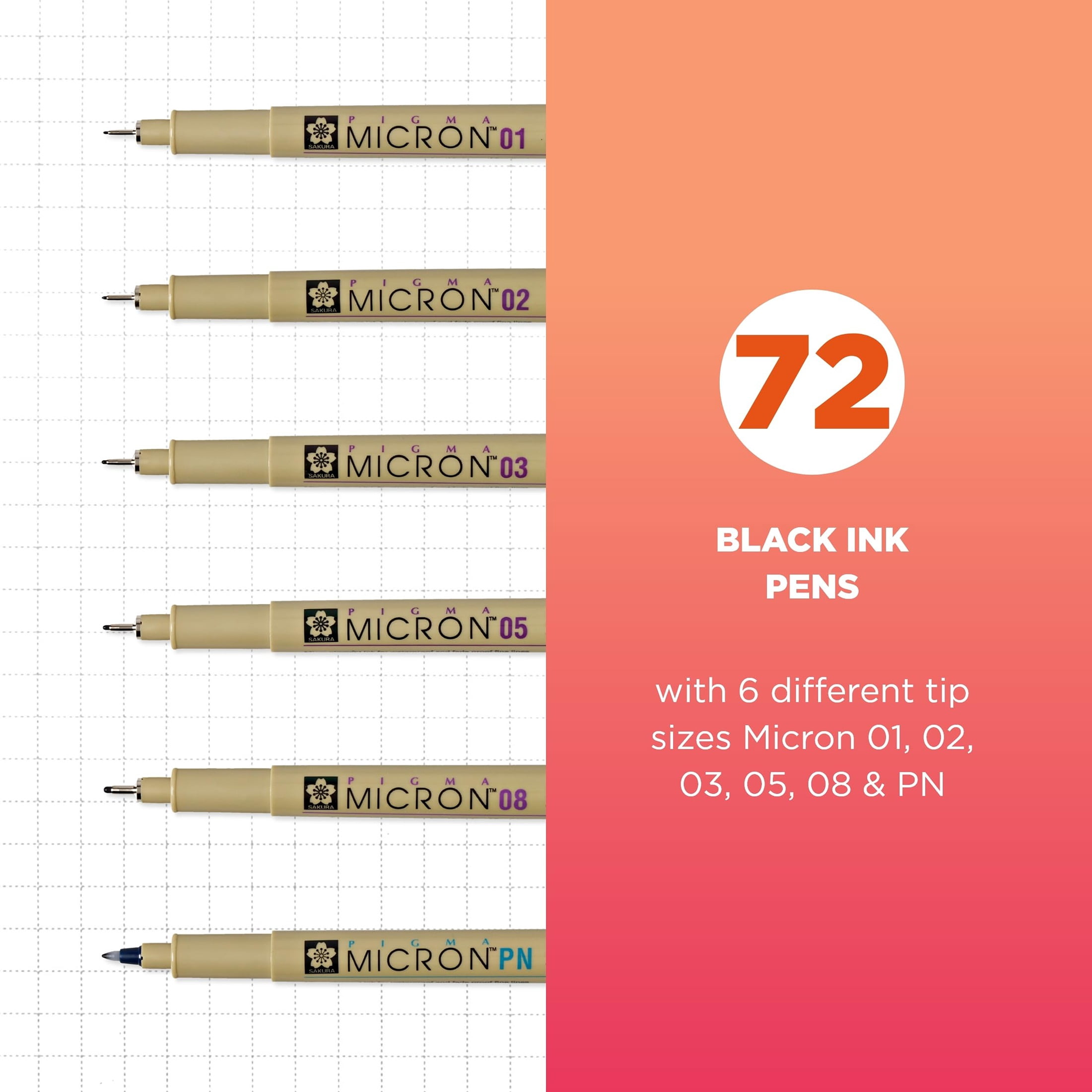 SAKURA Pigma Micron Fineliner Pens - Archival Black Ink Pens for Writing, Illustration, or Journaling - Assorted Point Sizes - 72 Pack