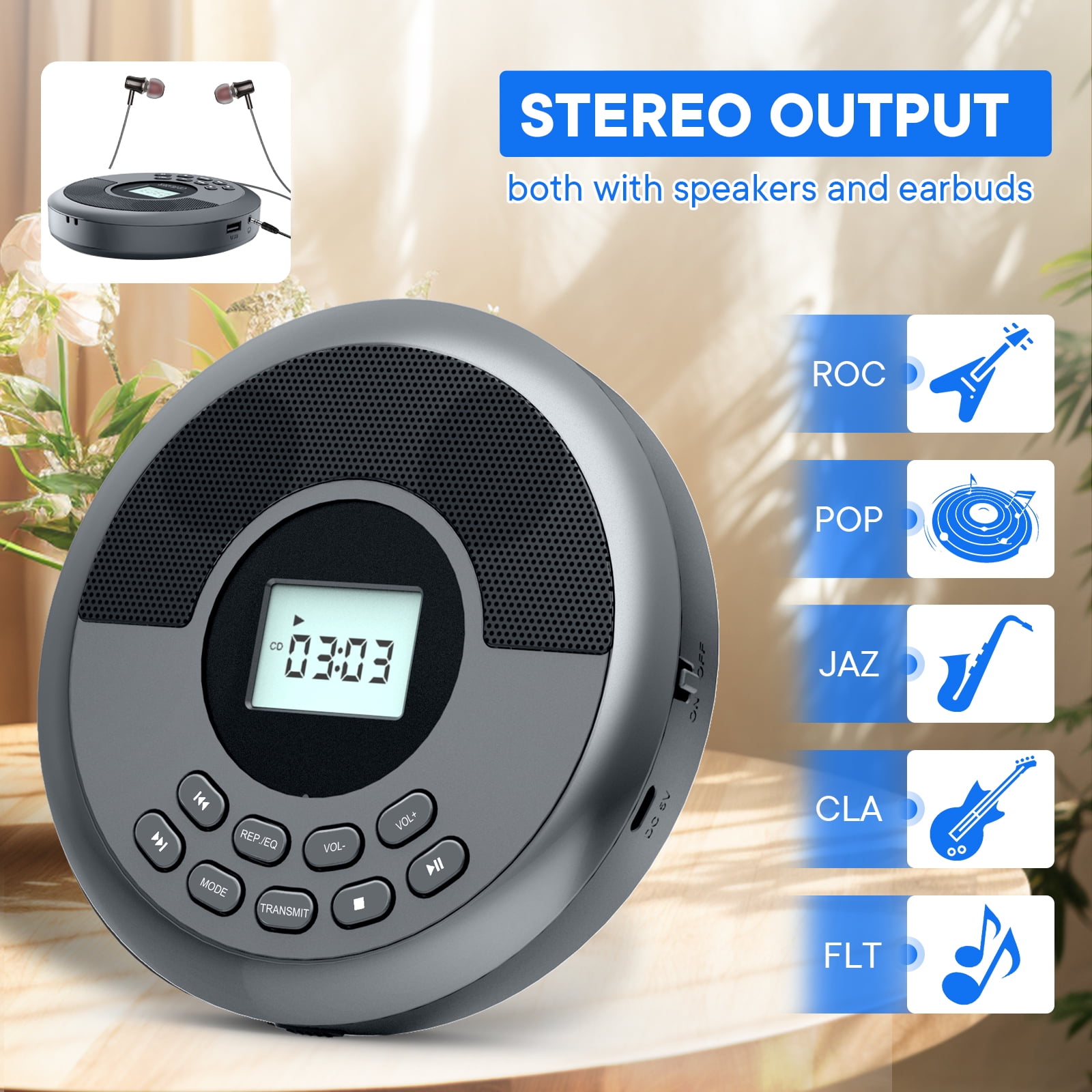 Portable CD Player Bluetooth:Rechargeable Walkman CD Player with Speakers and Headphones,Small CD Player for Car Plug in with Anti-Skip Protection,CD/USB/BT Playable.